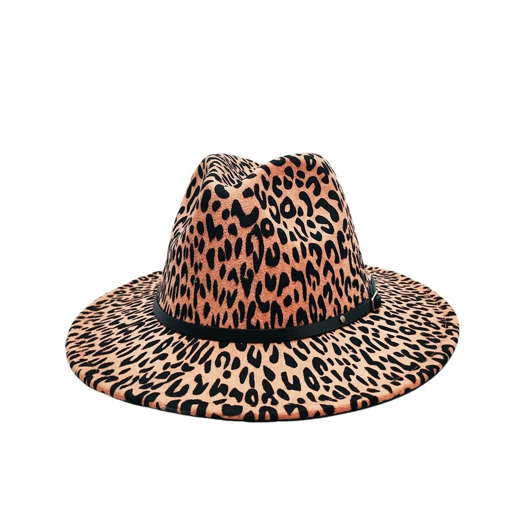 1477 Leopard Printed Wide Brim Fedora Hat with Black Belt Buckle Classic